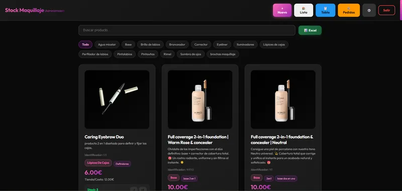 Panel de administración de maquillajes.net mostrando el catálogo de productos con precios y stock