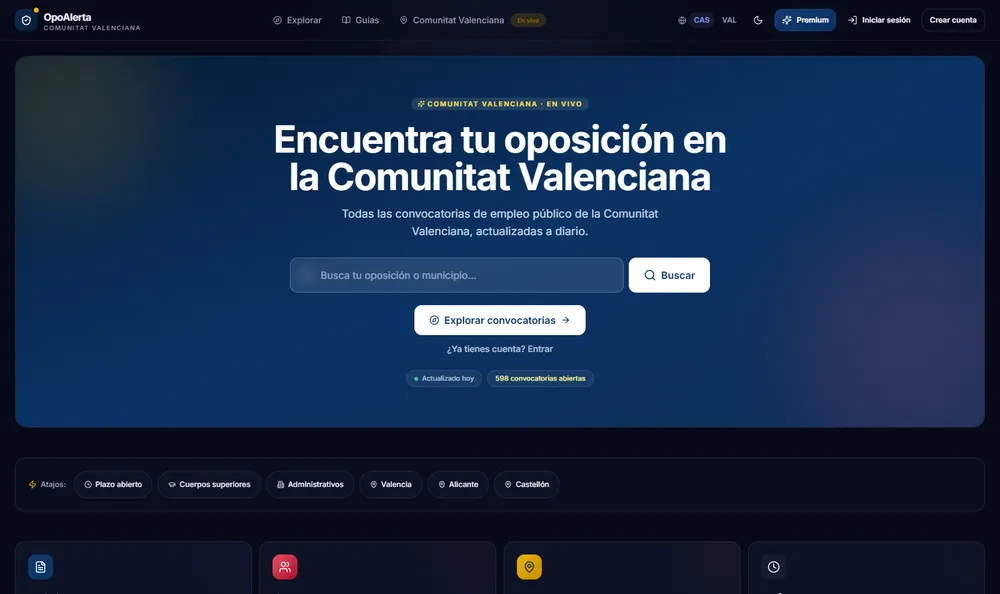 Portada de opoalerta.com mostrando el buscador de oposiciones de la Comunitat Valenciana con 598 convocatorias abiertas